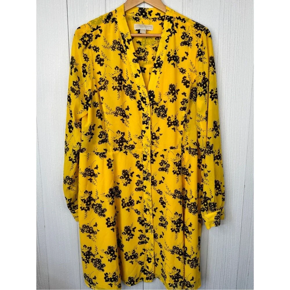 MICHAEL Michael Kors Yellow Floral Button-Front Dress Size XL